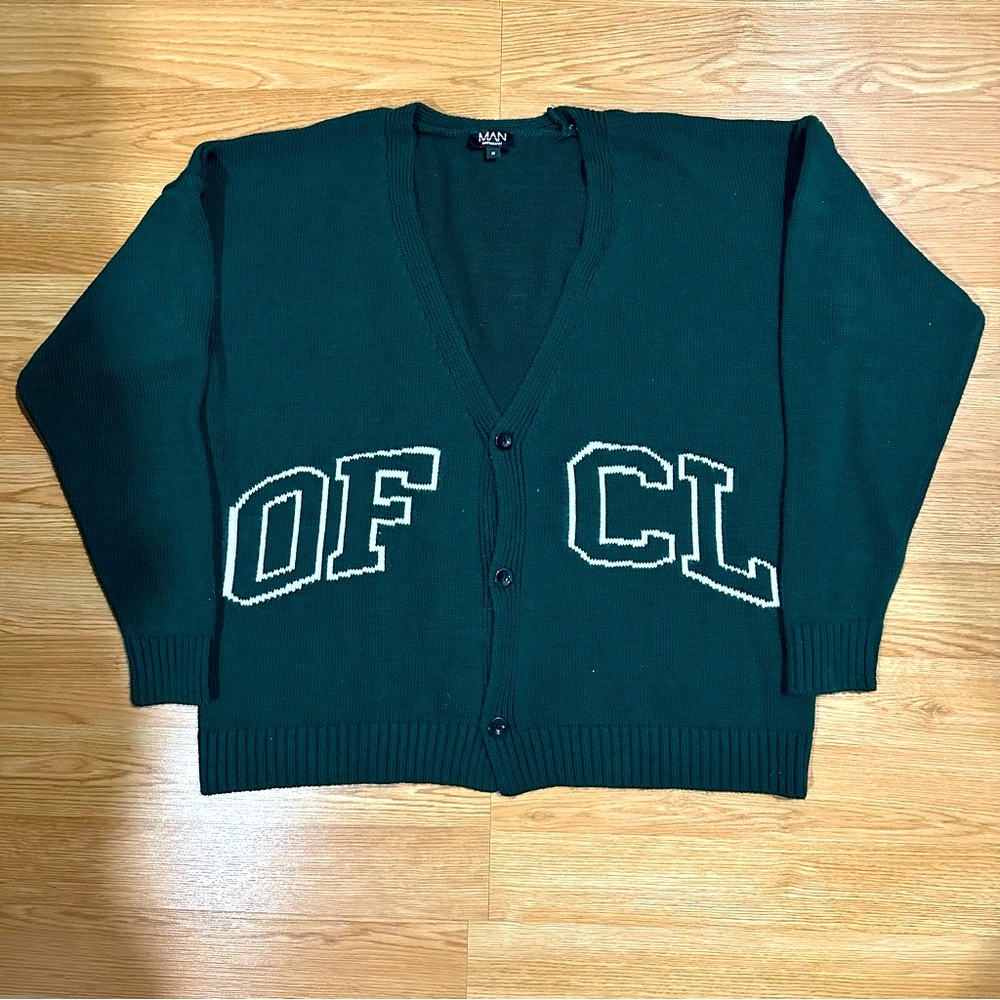 boohooMAN Oversized Intarsia Varsity Cardigan - Green M